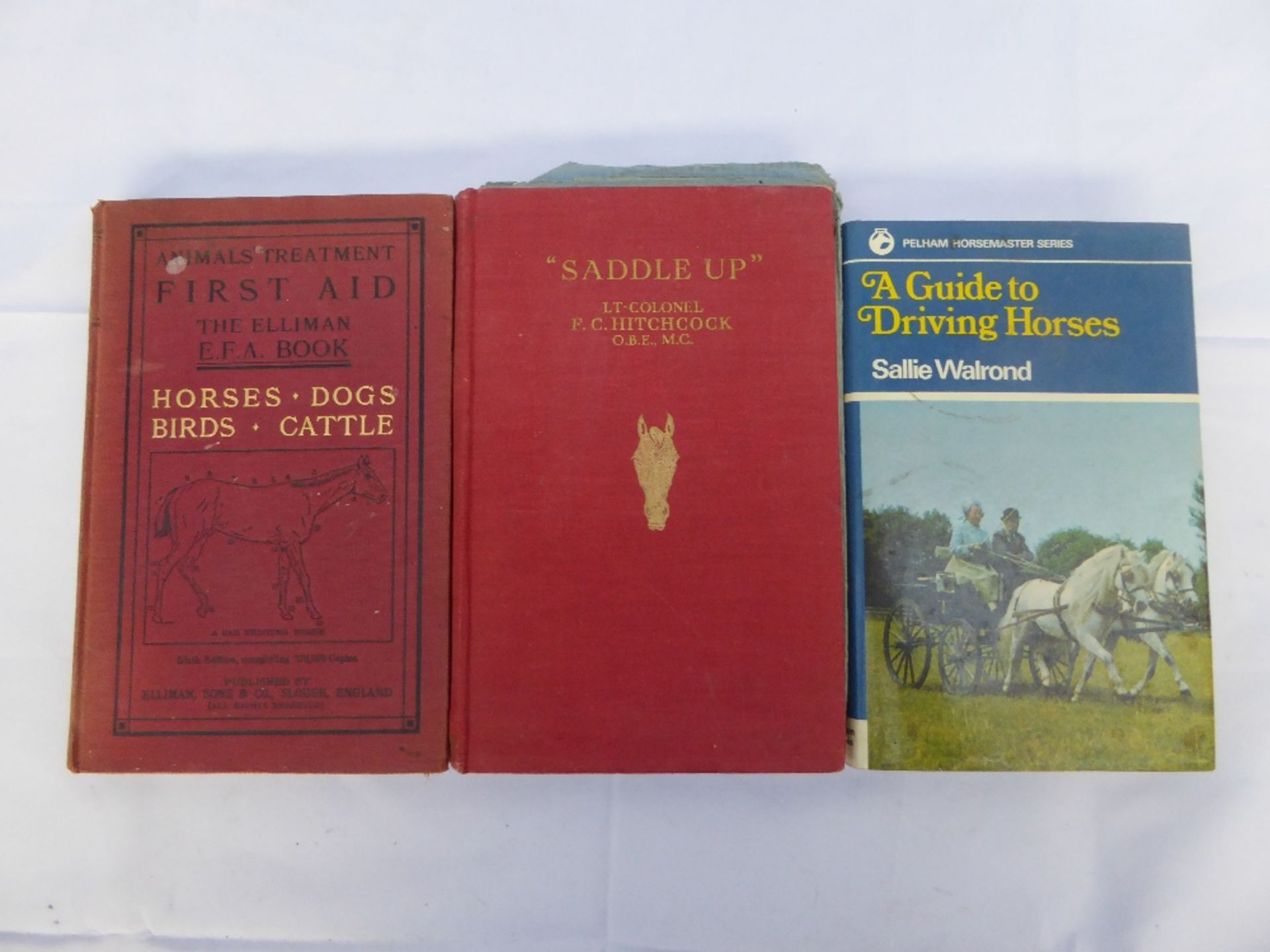 3 books - A Guide to Driving Horses by Sallie Walrond; Saddle Up by Lt. Col. F.C. Hitchcock, 1948; a