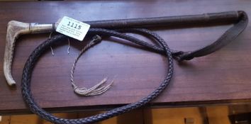 Hunt whip with silver stamped collar, bone handle and a leather thong