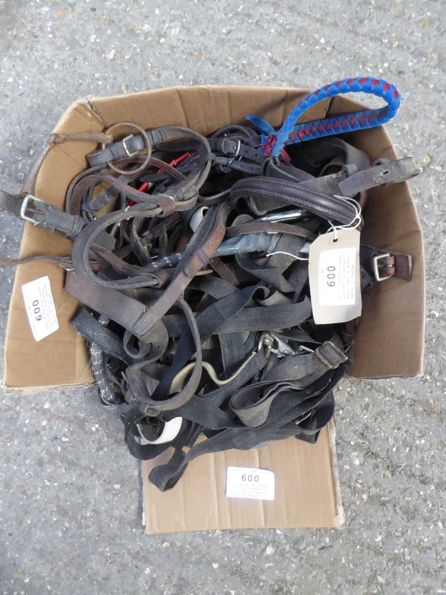 Box of assorted items such as 2 x snaffle bits, 3prs of leather reins, 4 leather bridles - one for a