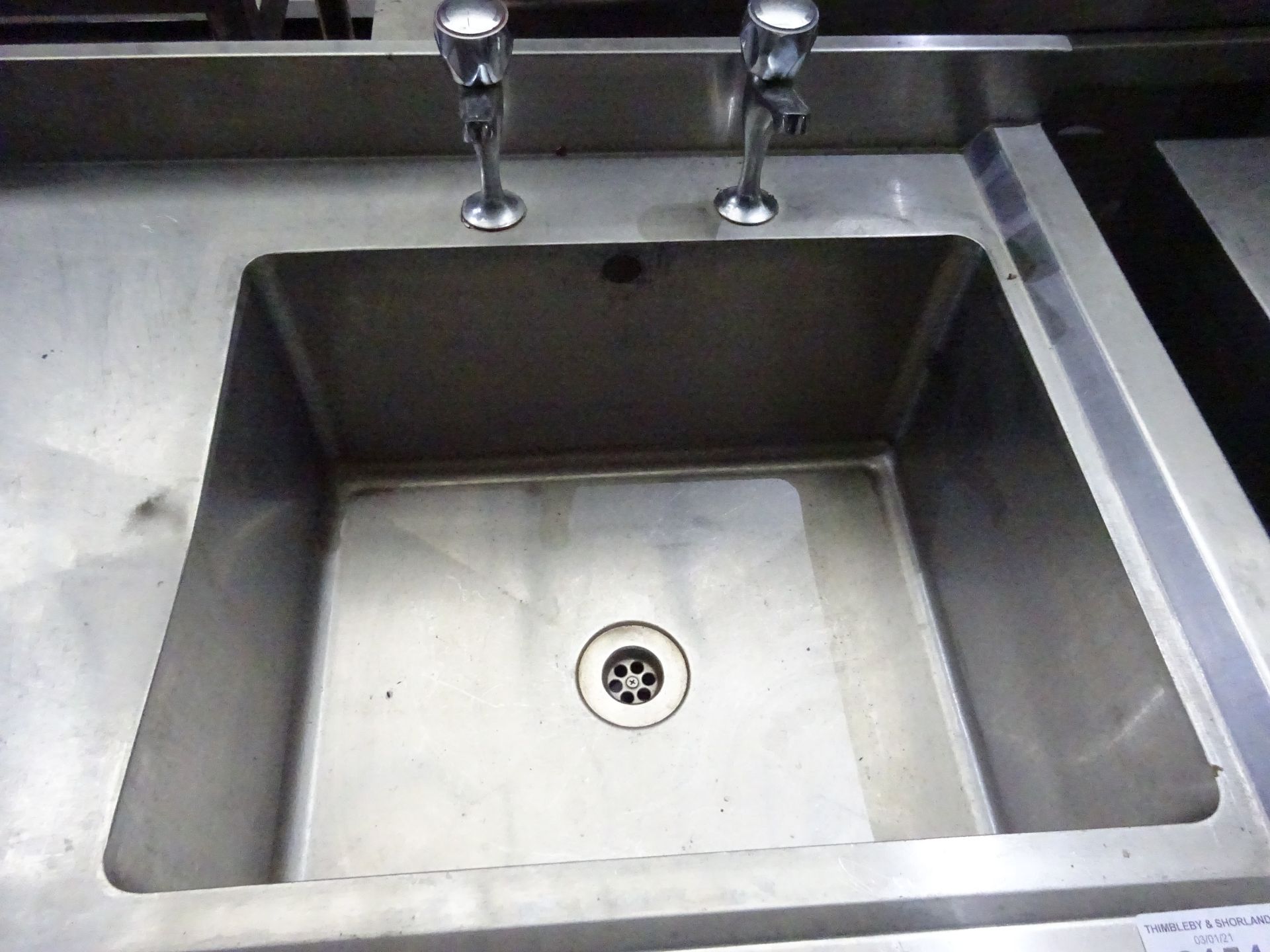 Stainless steel single bowl, single drainer with taps and under shelf, 120cms - Image 2 of 2