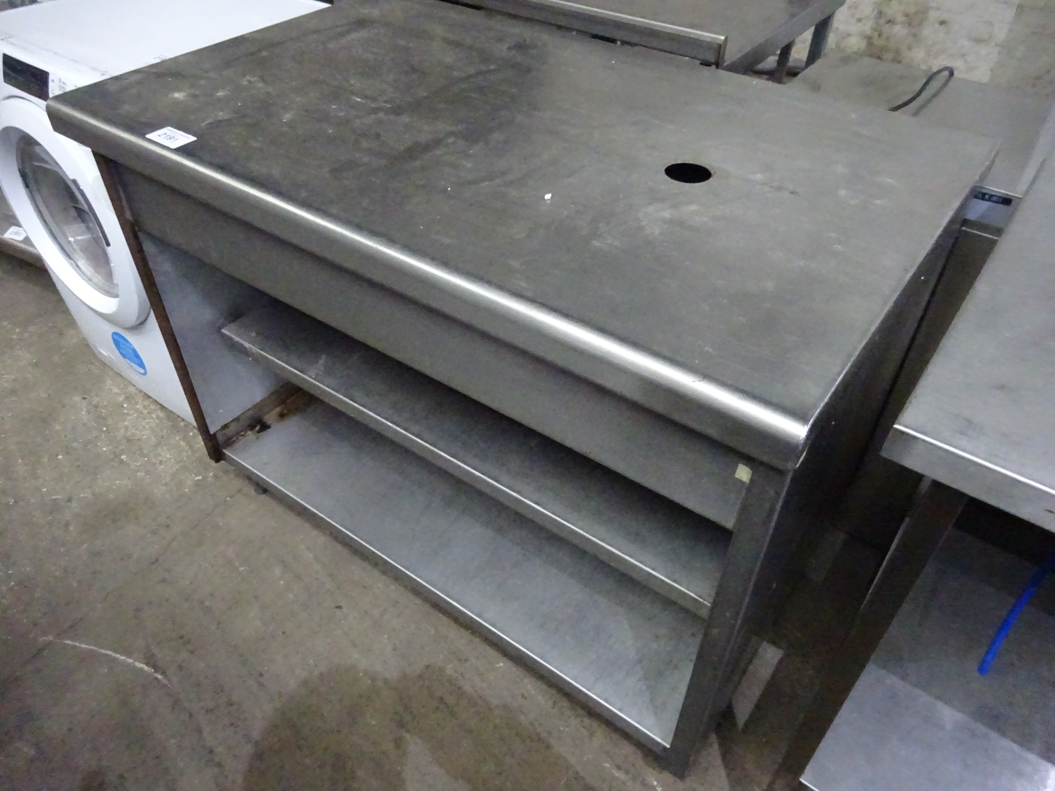 Stainless steel 3 tier table, 118cms.
