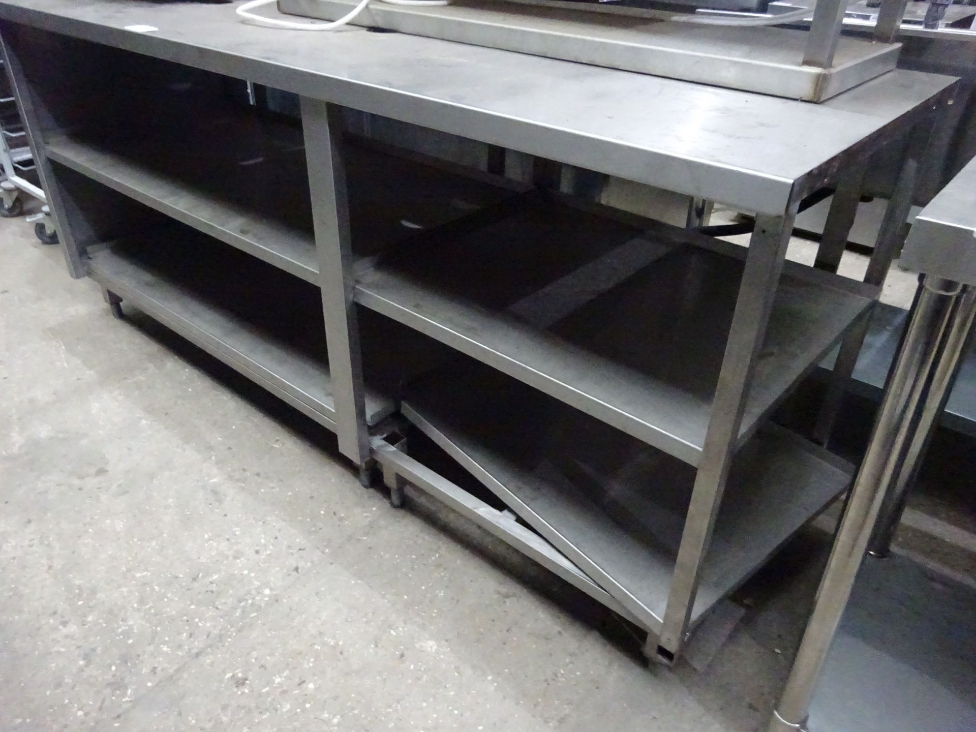 Stainless steel 3 tier prep table with centre holes, 205cms