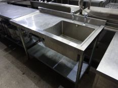 Stainless steel single bowl, single drainer with taps and under shelf, 120cms