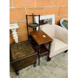 Upholstered tub chair, mirror and three other items of furniture.