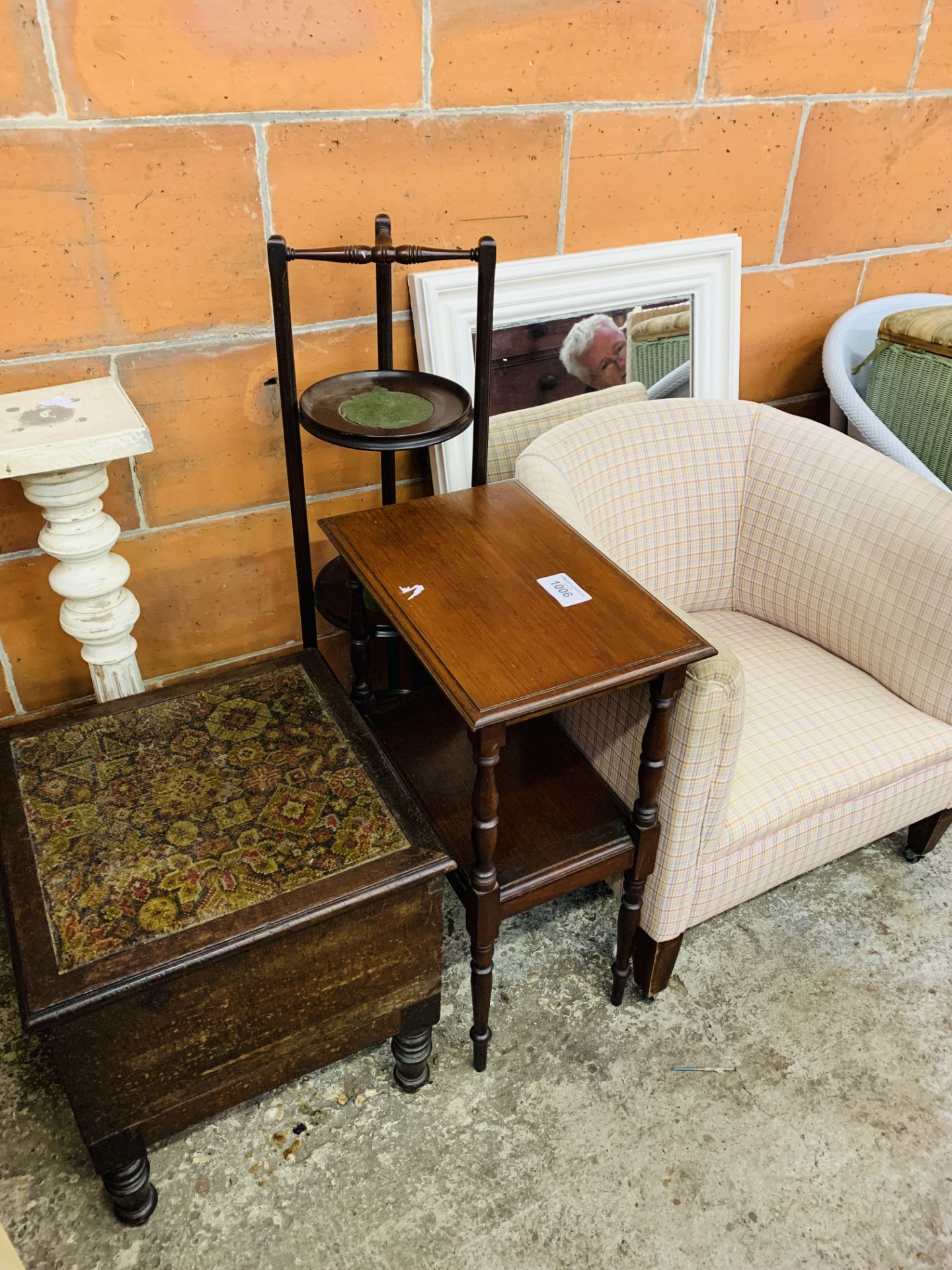 Upholstered tub chair, mirror and three other items of furniture.