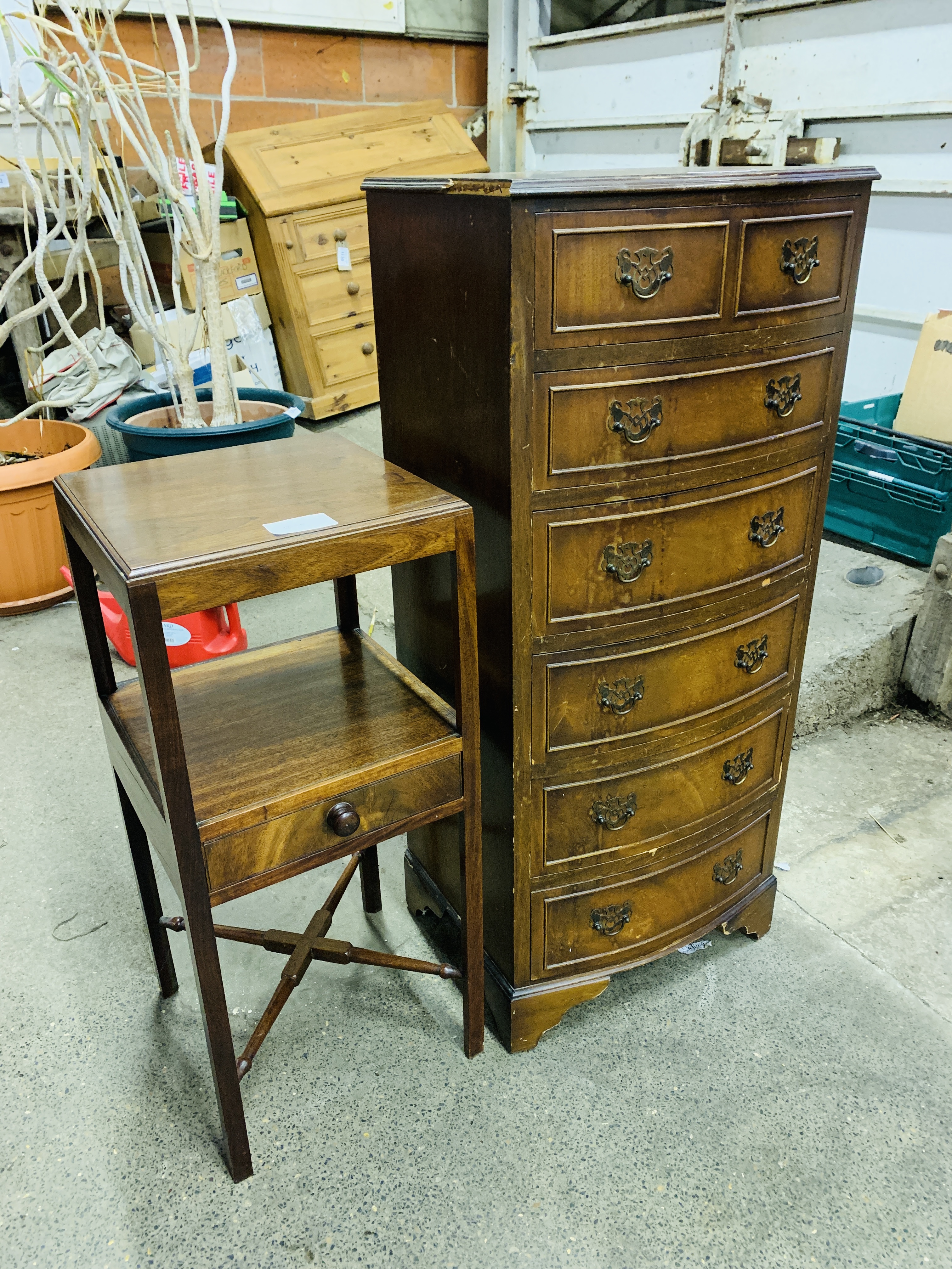 Mahogany small display table and a mahogany veneer bow fronted chest of six drawers. - Image 2 of 3