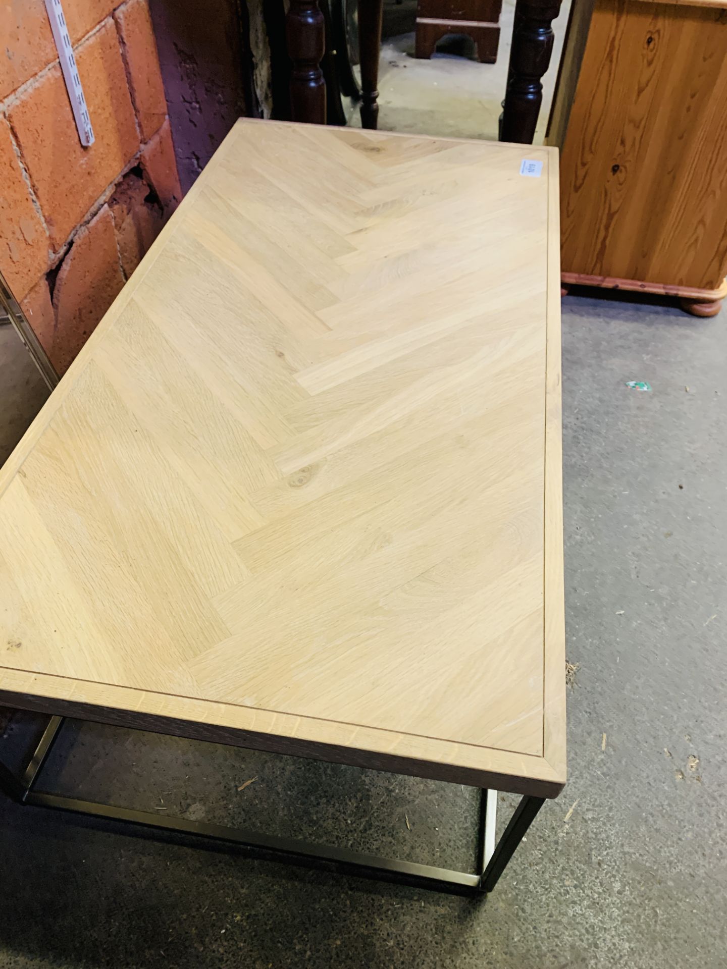 Hardwood coffee table on metal legs. - Image 2 of 2