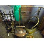 Copper kettle, brass frame spark guard, brass table lamp.