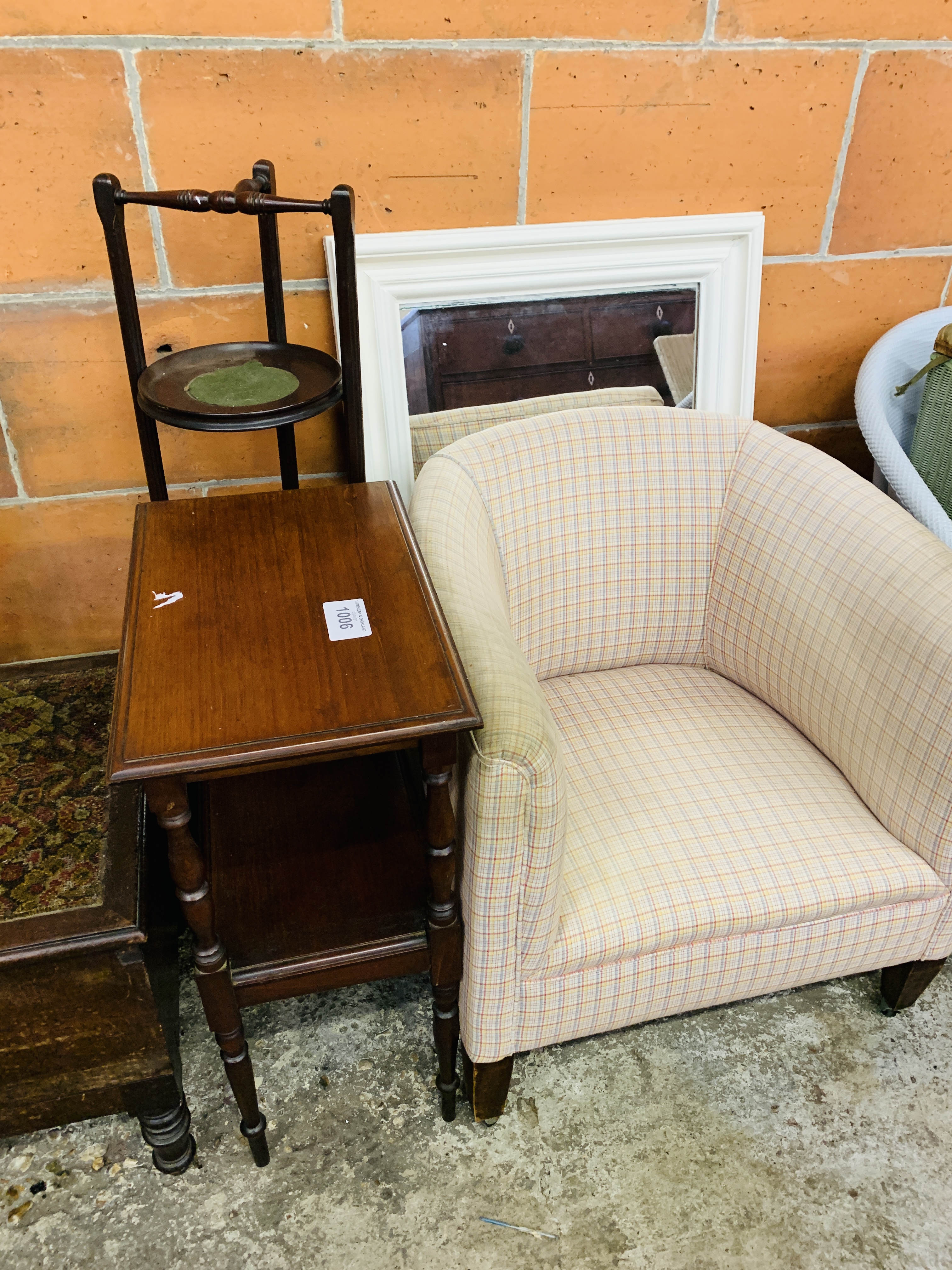 Upholstered tub chair, mirror and three other items of furniture. - Image 3 of 3