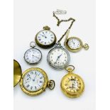 Key wind small pocket watch, case marked 'fine silver', and five other pocket watches.