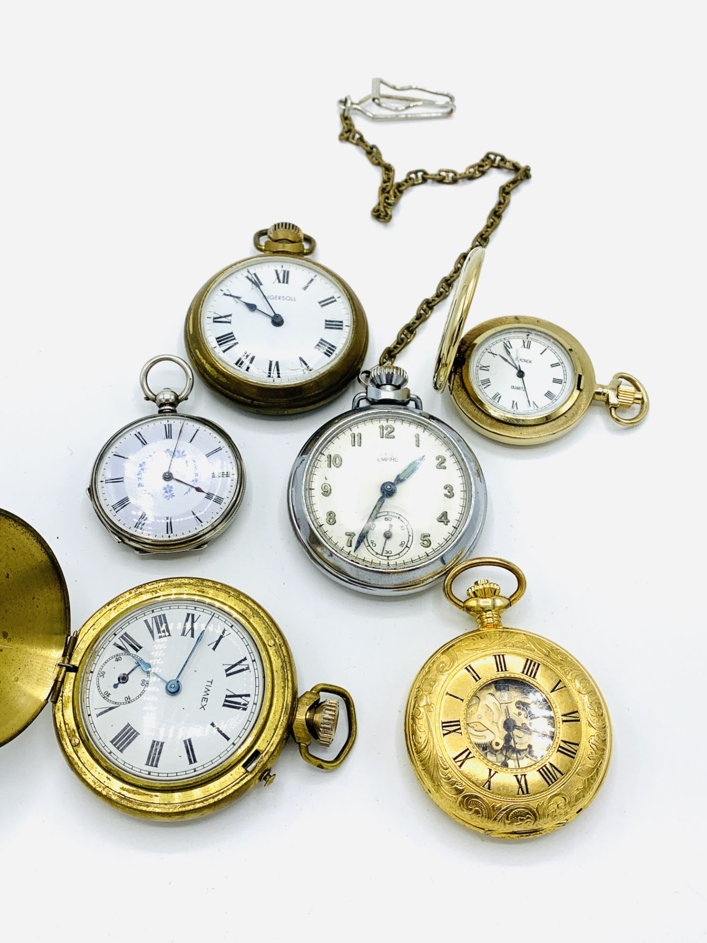 Key wind small pocket watch, case marked 'fine silver', and five other pocket watches.