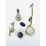 Everite lady's wrist watch; Smiths pocket watch; pedometer; brooch and two coins.
