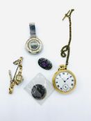 Everite lady's wrist watch; Smiths pocket watch; pedometer; brooch and two coins.