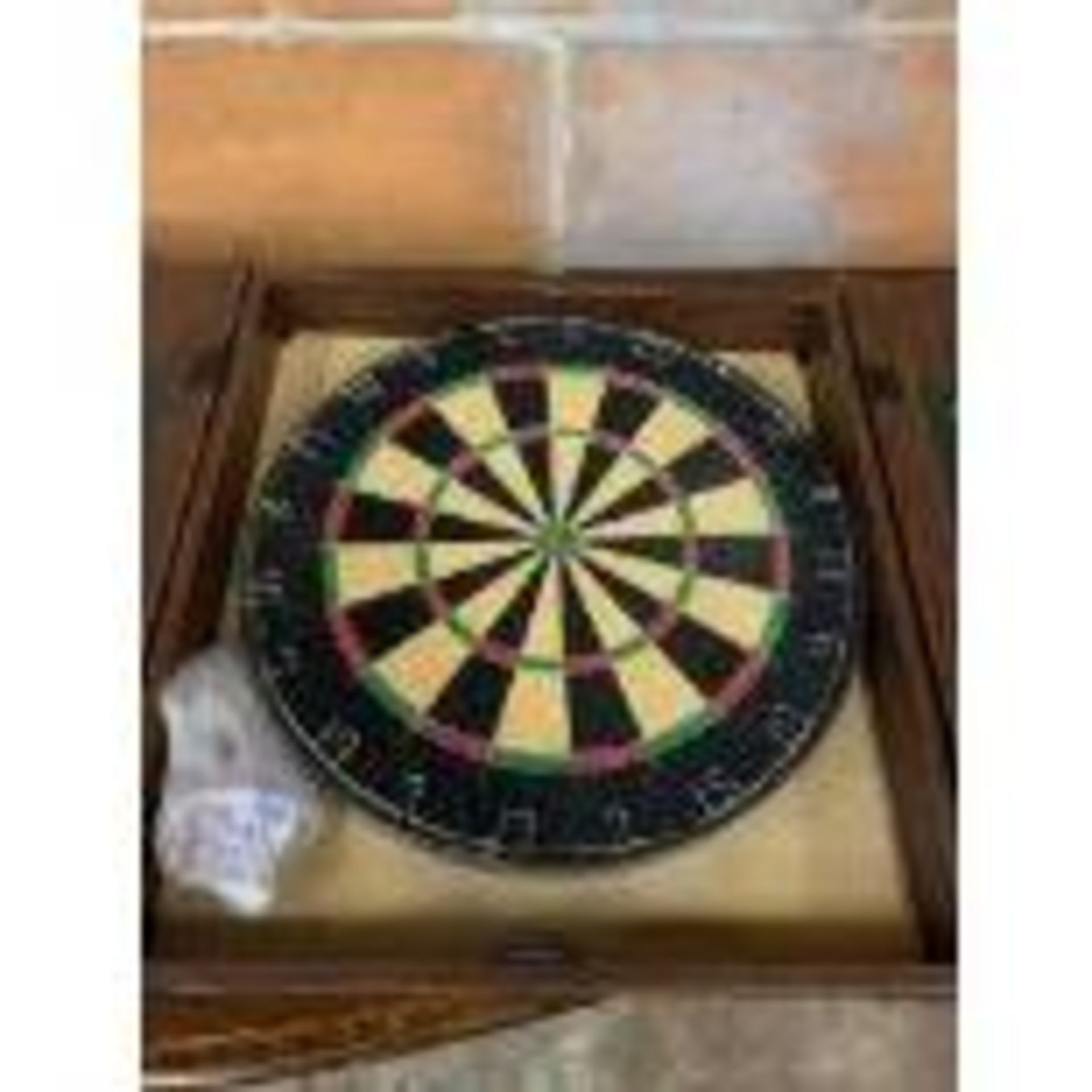 Dartboard in a wall mounted wooden case with darts. - Image 4 of 4