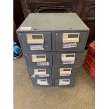 Four sets of metal two drawer filing card cabinets.