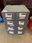 Four sets of metal two drawer filing card cabinets.