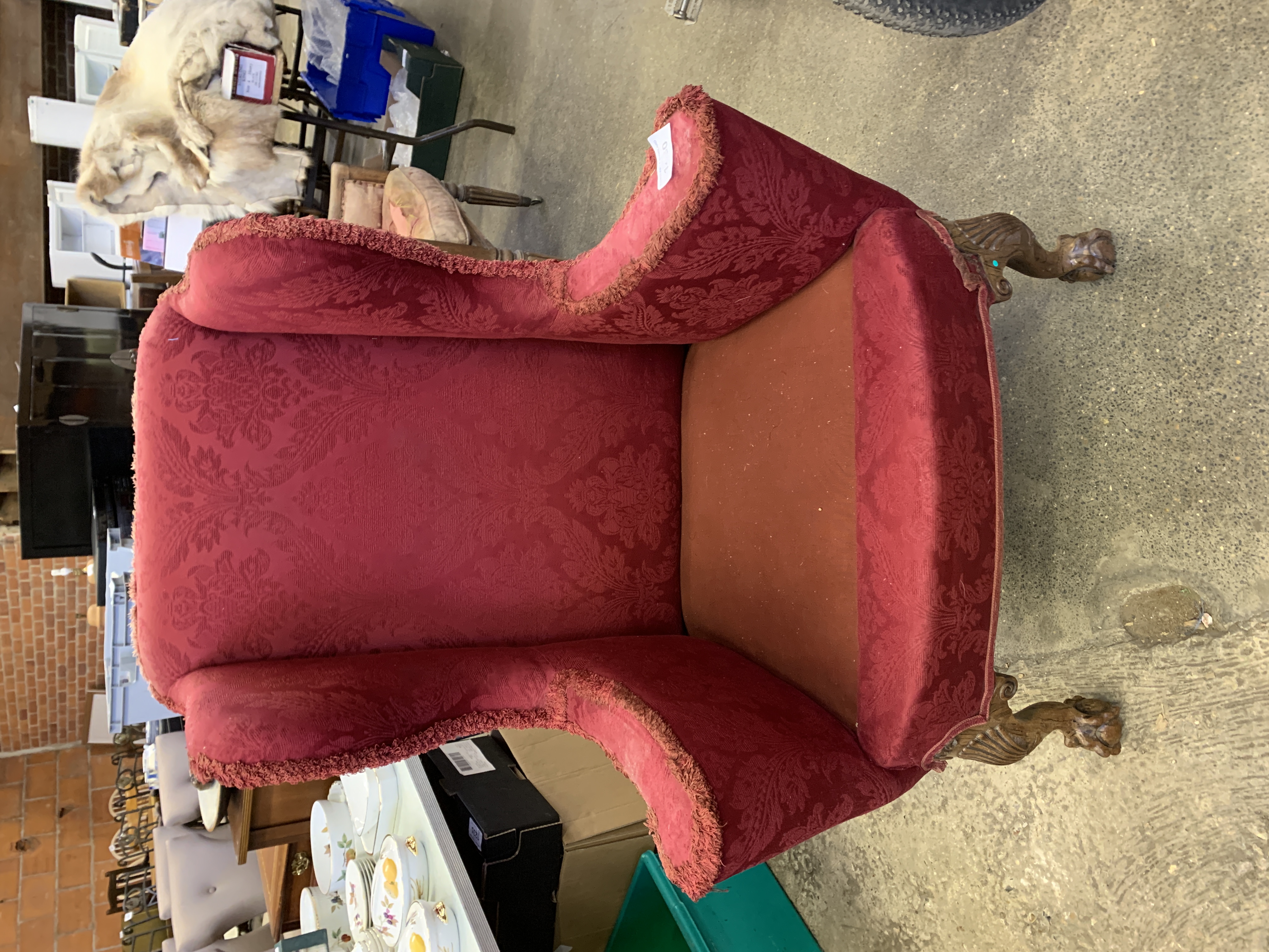 Victorian zebra wood wing back armchair in red upholstery. - Image 5 of 6