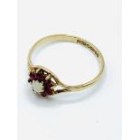 9ct gold pearl and red stone ring.