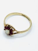 9ct gold pearl and red stone ring.