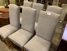 Set of six grey upholstered high back chairs.