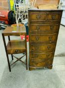 Mahogany small display table and a mahogany veneer bow fronted chest of six drawers.