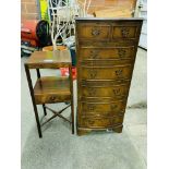 Mahogany small display table and a mahogany veneer bow fronted chest of six drawers.