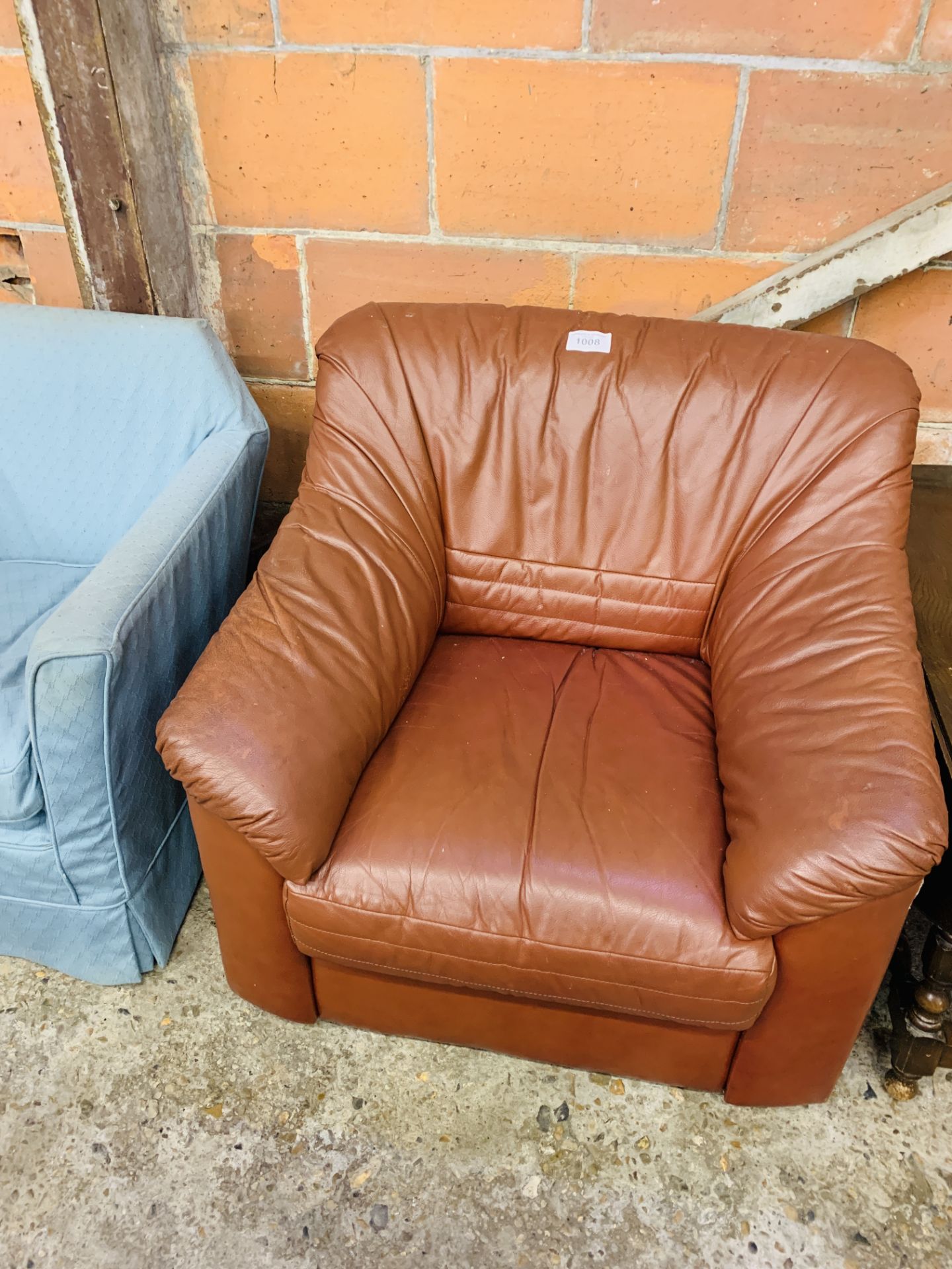 Small armchair upholstered in blue loose cover, and a brown leather armchair. - Image 2 of 3