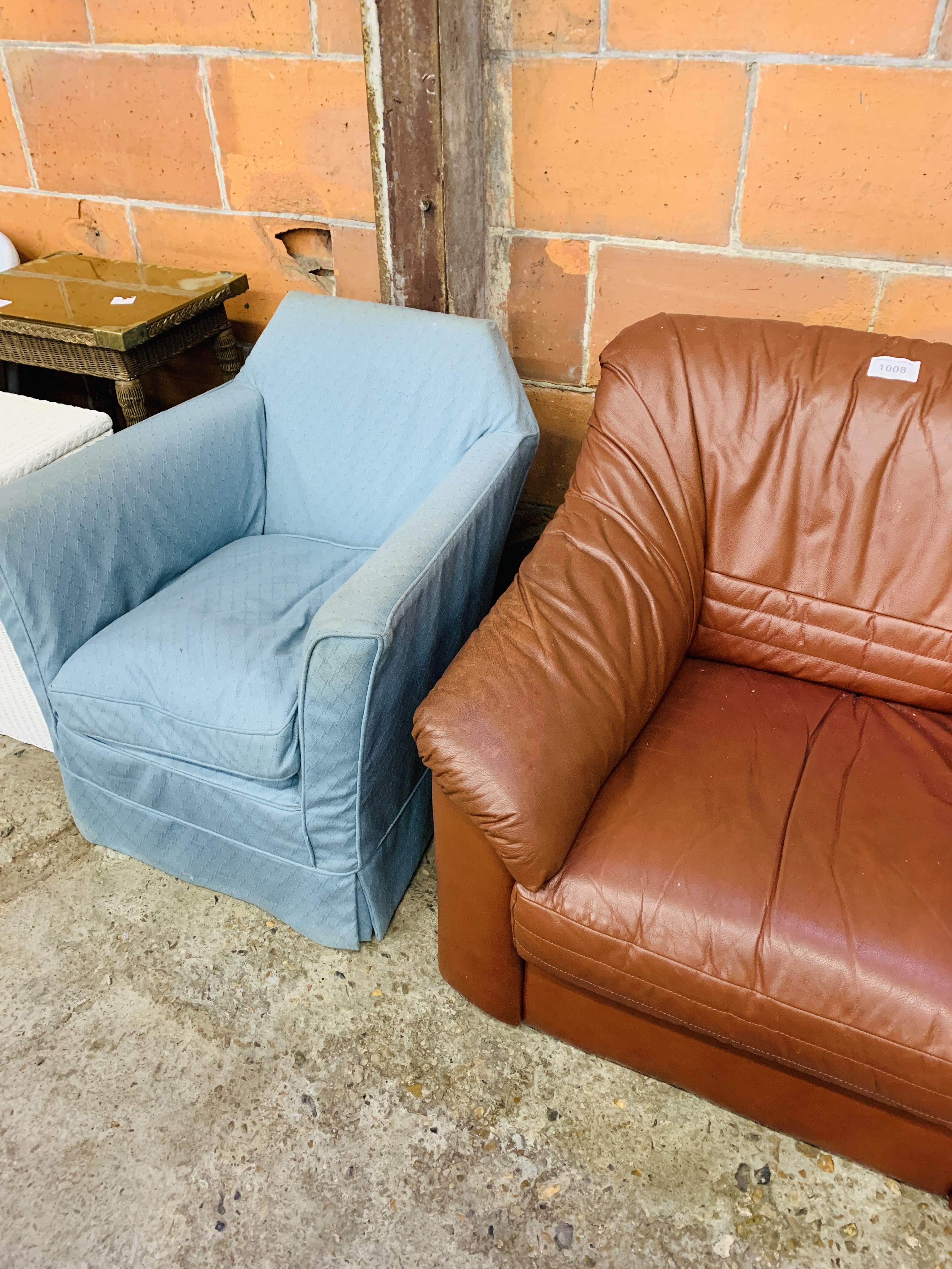 Small armchair upholstered in blue loose cover, and a brown leather armchair. - Image 3 of 3