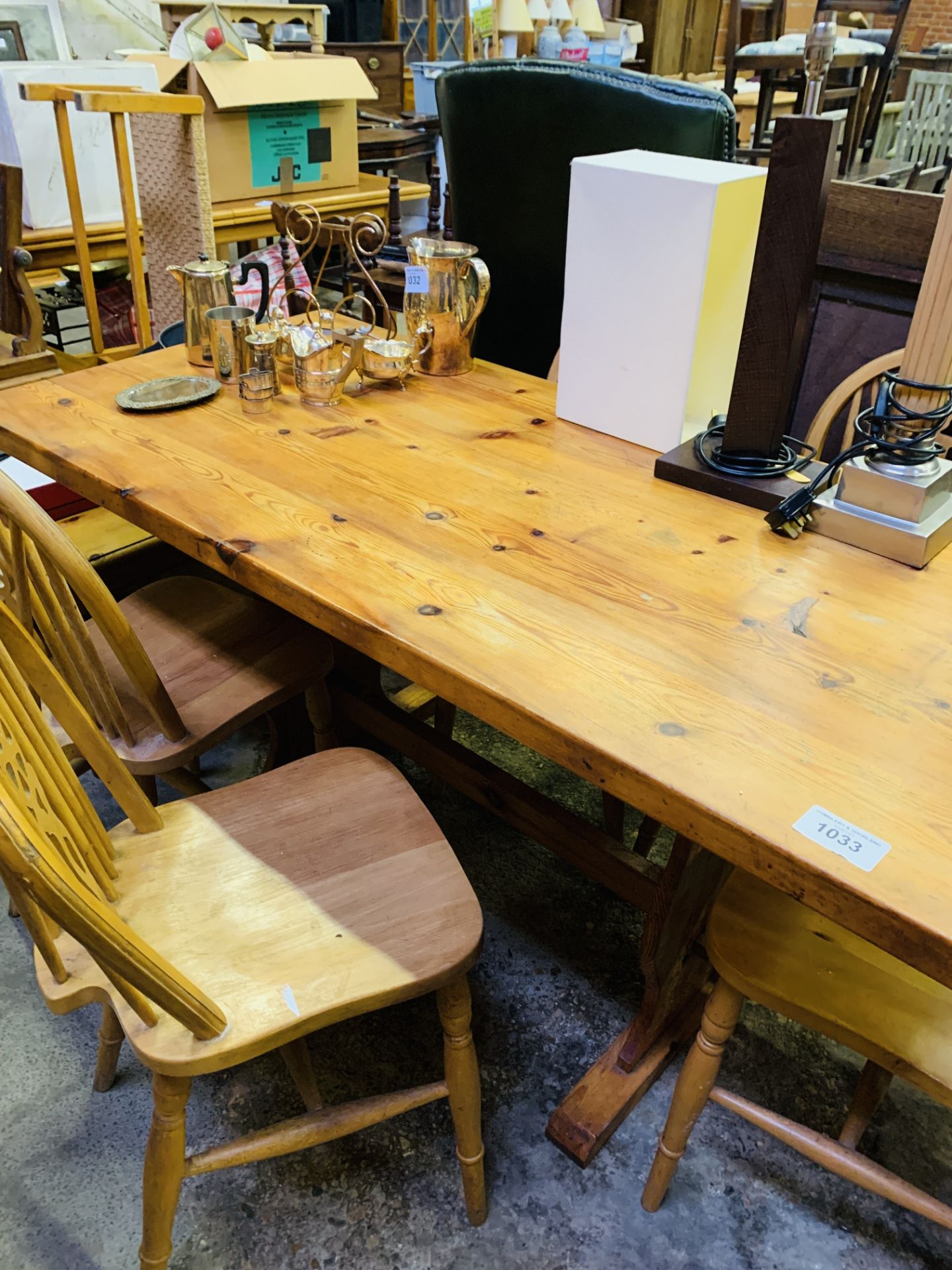 Pine table and five chairs.