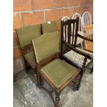 Oak framed carver dining chair and 3 oak framed Arts & Crafts style dining chairs.