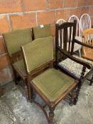 Oak framed carver dining chair and 3 oak framed Arts & Crafts style dining chairs.