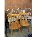 3 Windsor style chairs and 2 pine chairs