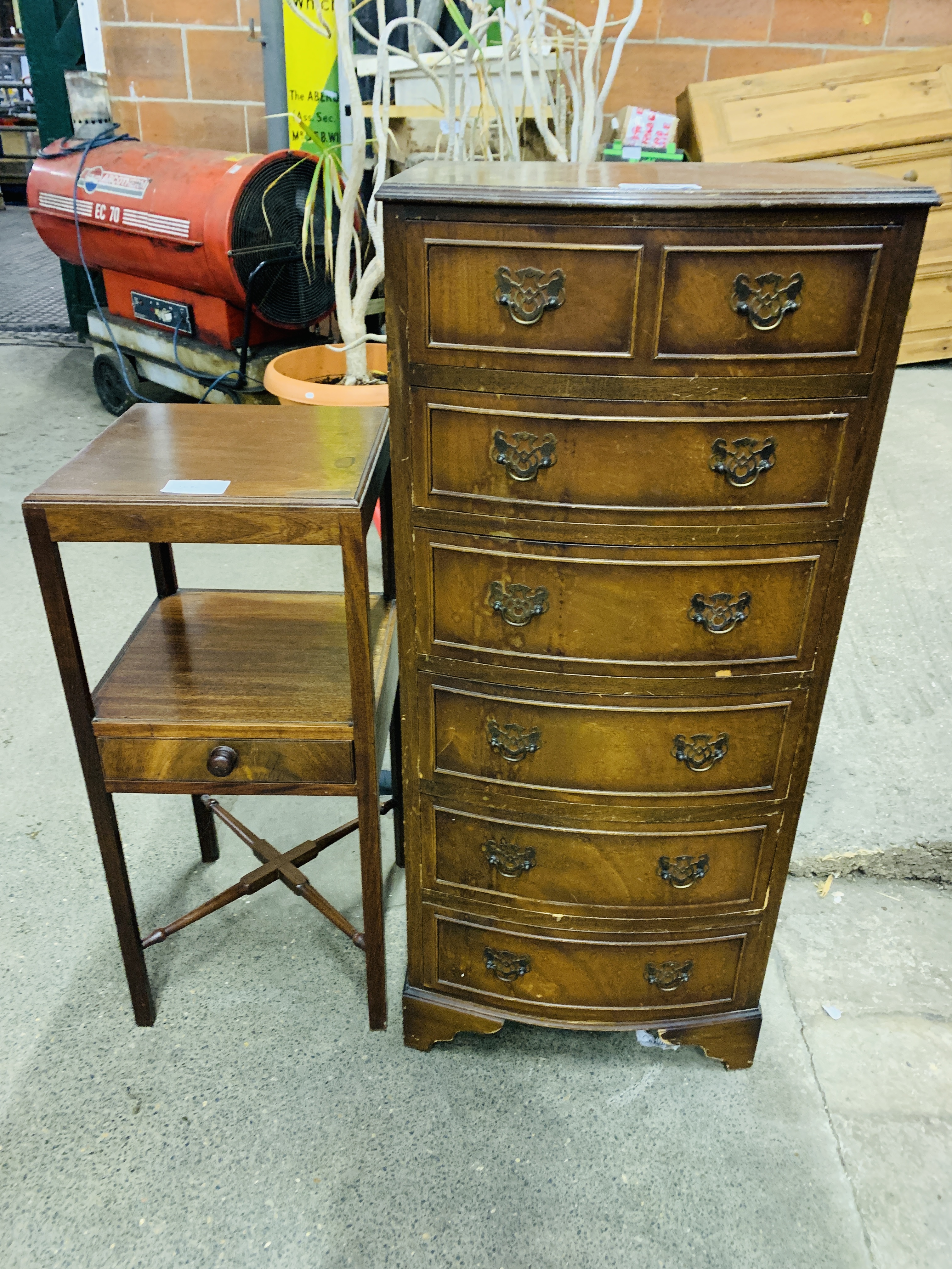 Mahogany small display table and a mahogany veneer bow fronted chest of six drawers. - Image 3 of 3