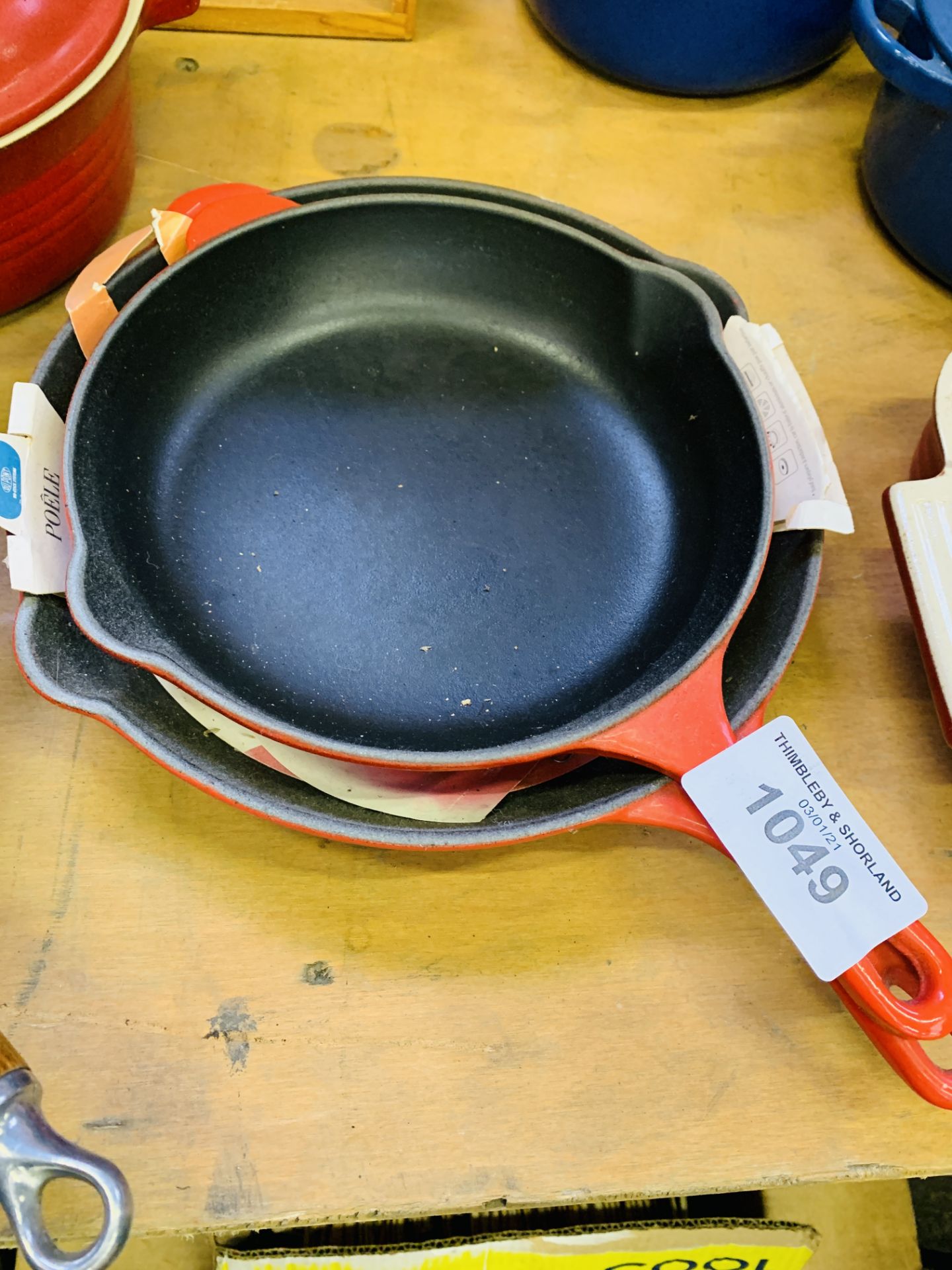 Two Le Creuset frying pans.