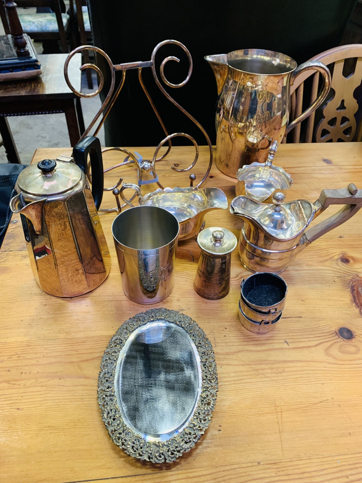 Various silver plate items.