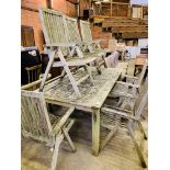 Teak garden table together with 6 teak reclining carver chairs