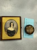 Oil on ivorine miniature of a Victorian lady, and a Victorian pin cushion.