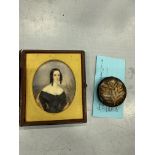 Oil on ivorine miniature of a Victorian lady, and a Victorian pin cushion.