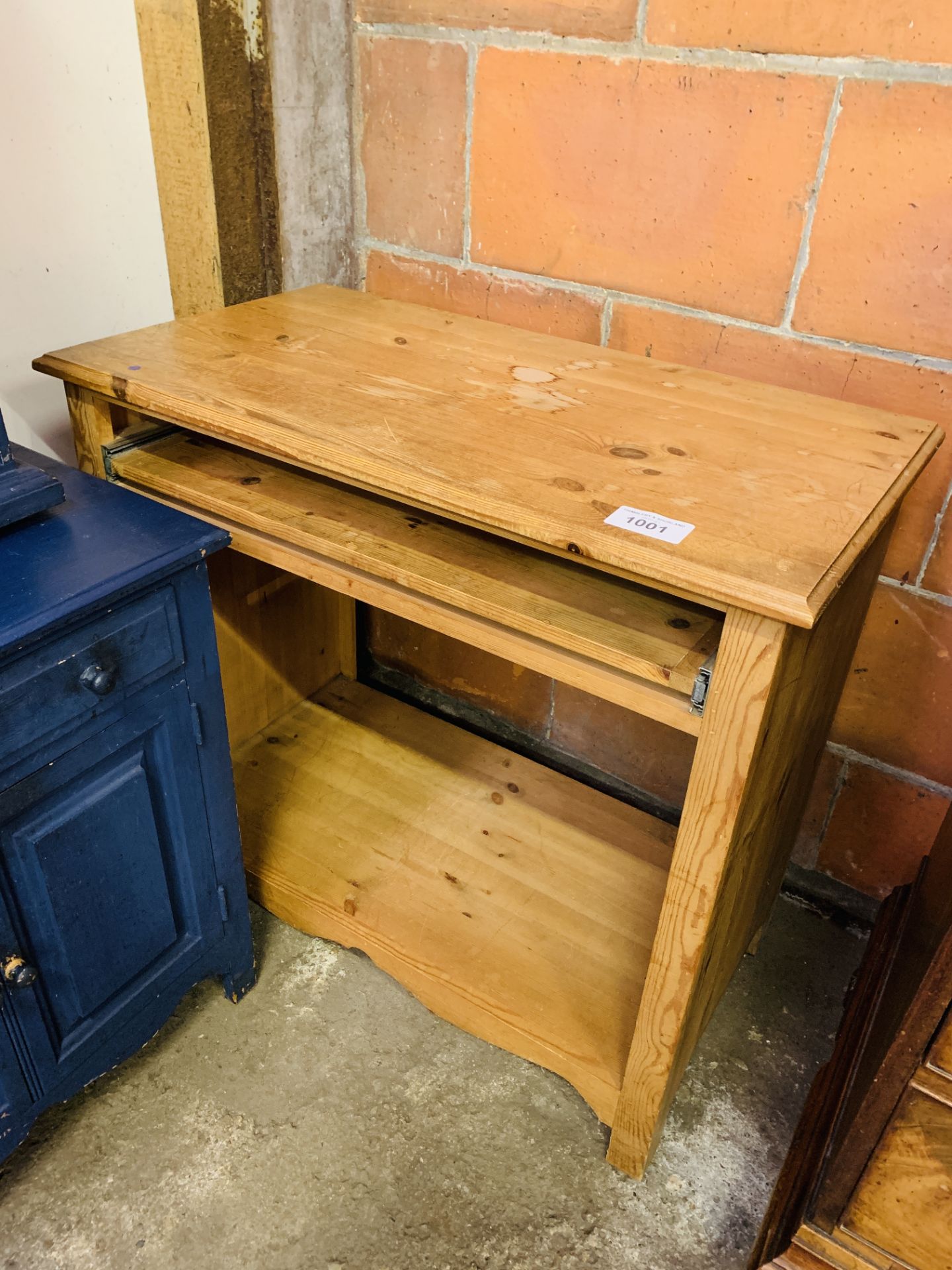 Pine computer desk together with a dark blue painted pine cabinet and pine open book shelves. - Image 2 of 3