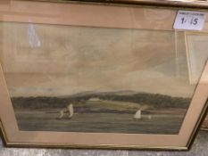 Watercolour of boats on a lake with woods and a house.