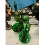 Quantity decorative green glass ware including two decanters.