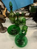 Quantity decorative green glass ware including two decanters.