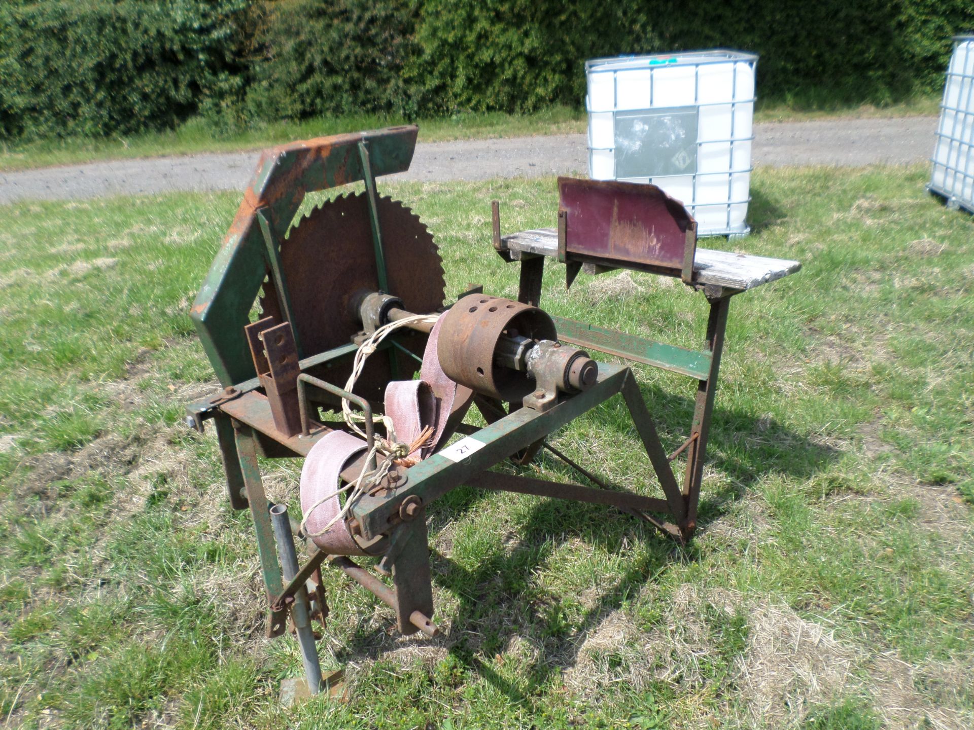 Vintage Ferguson tractor mounted sawbench and drive belt, wo