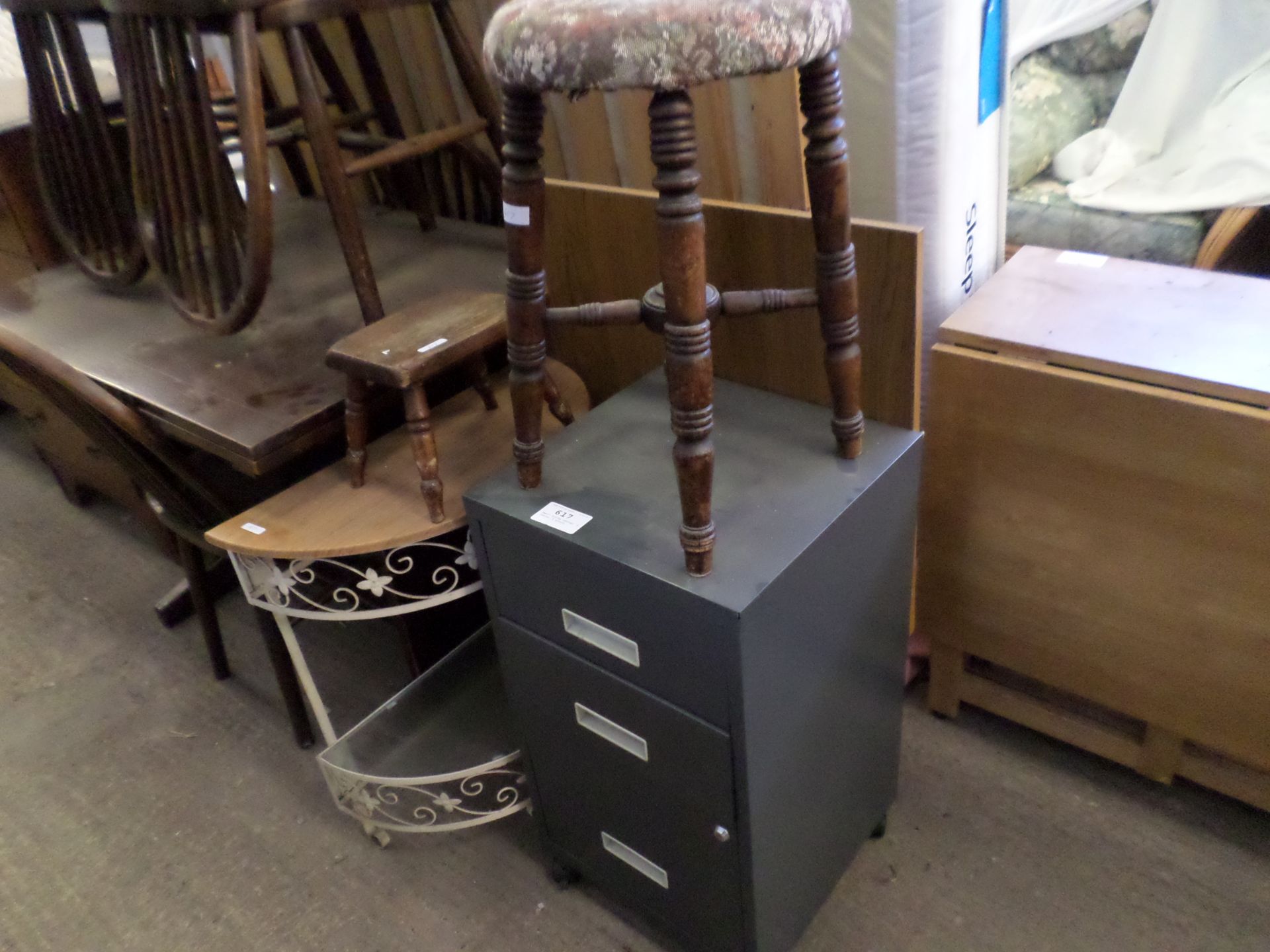 Small filing cabinet, 2 tables, 2 stools