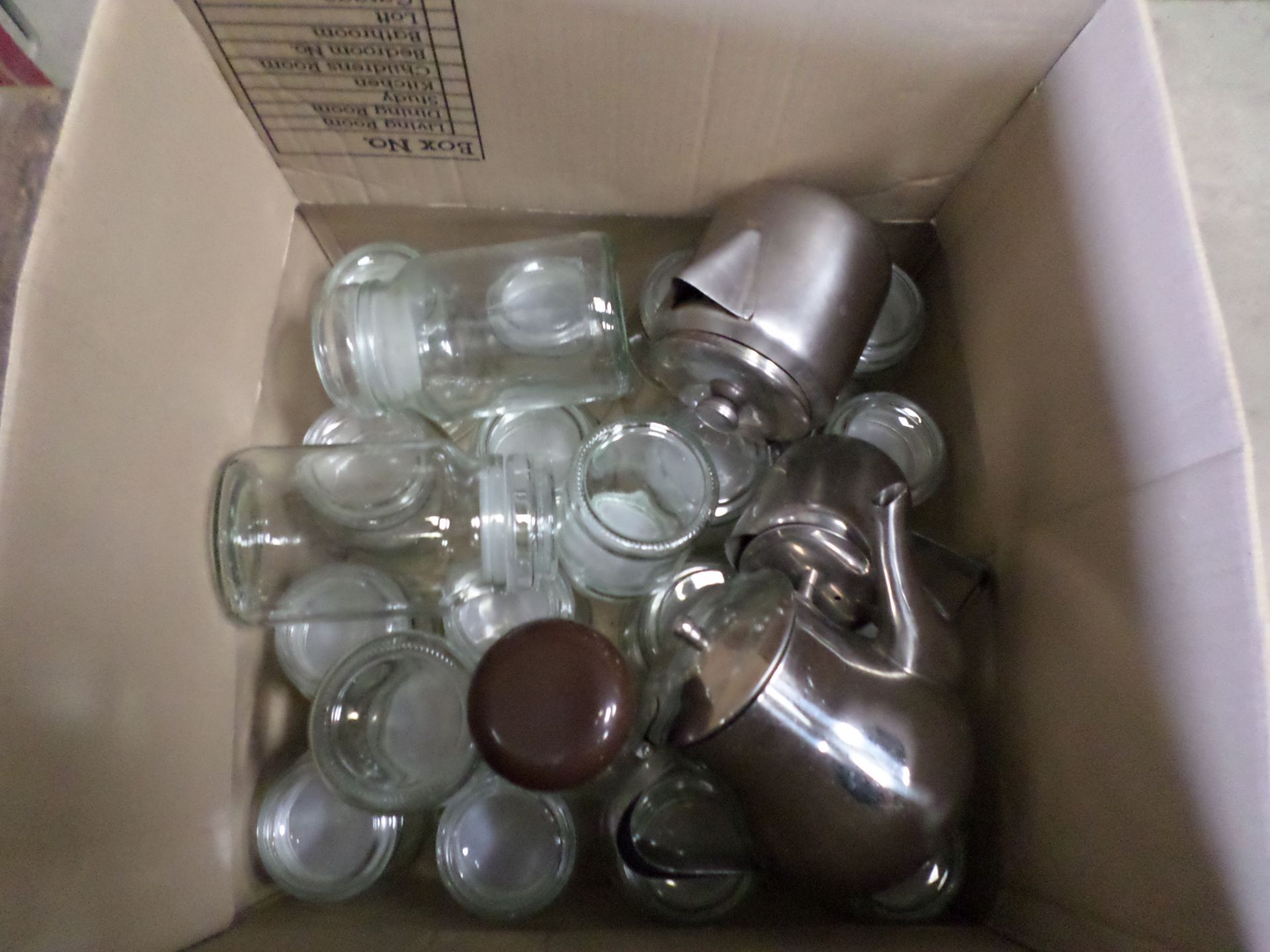 Box of glass storage jars etc