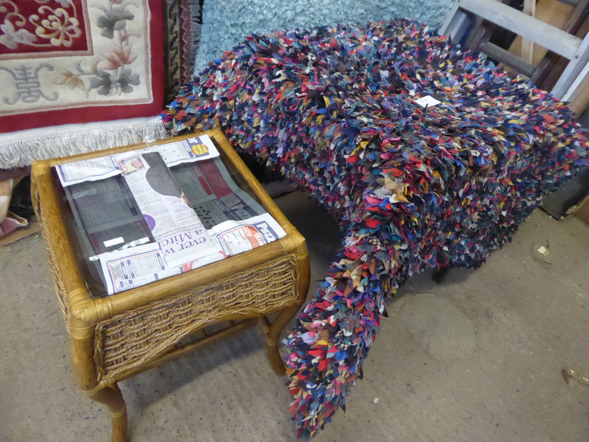 Multi coloured good quality prick rug approx 3'6" x 5' and small wicker table with glass top