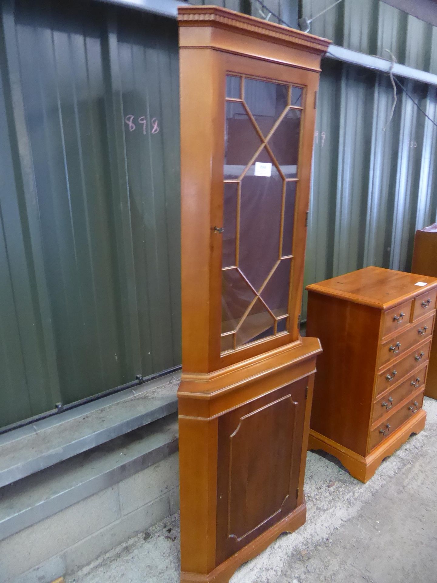 Teak corner unit, display cabinet above with cupboard below with locks