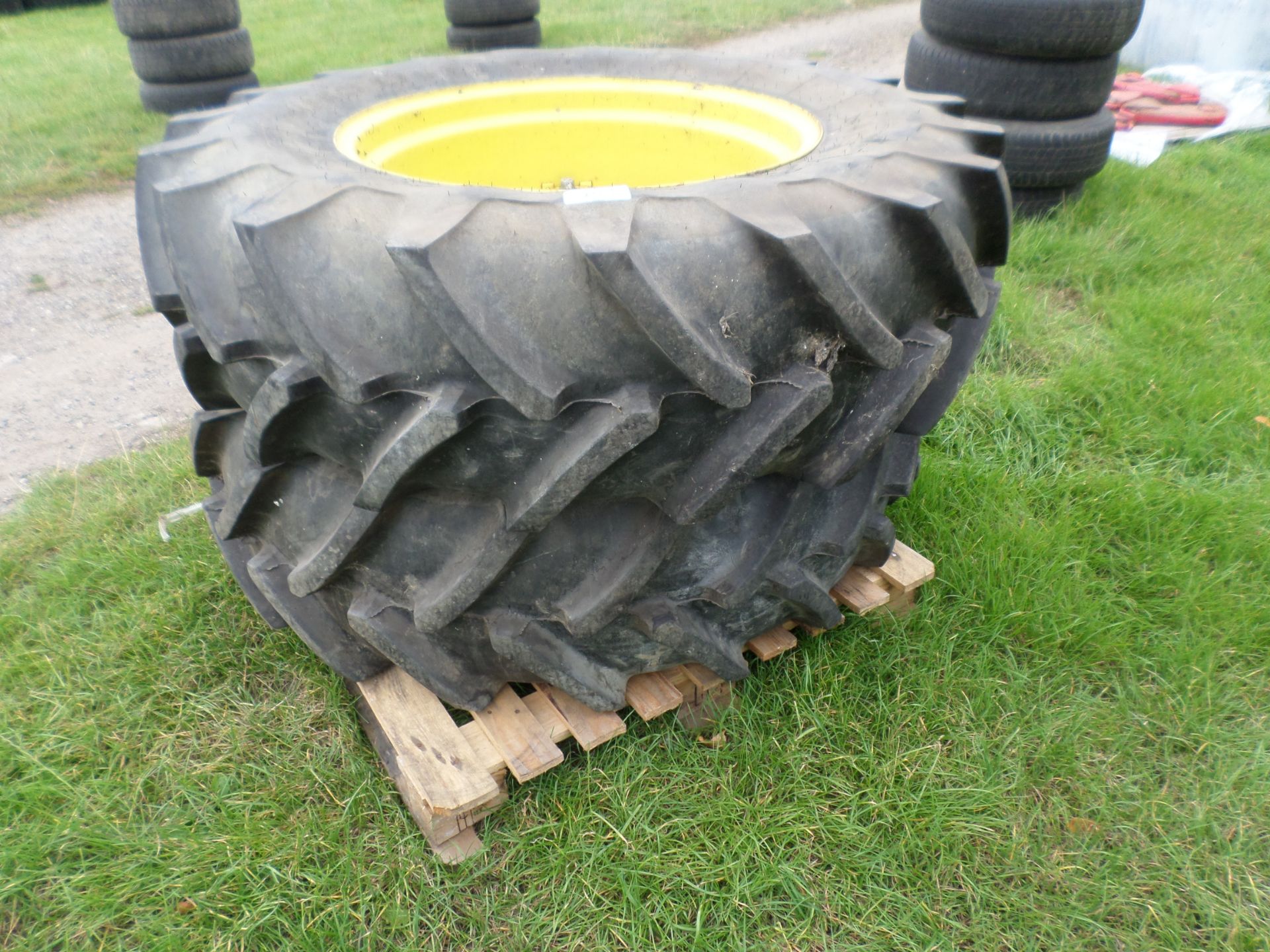 2 rear tractor wheels/tyres, Michelin 28/14.9 BIB M18, 95\% tread, rims very good condition