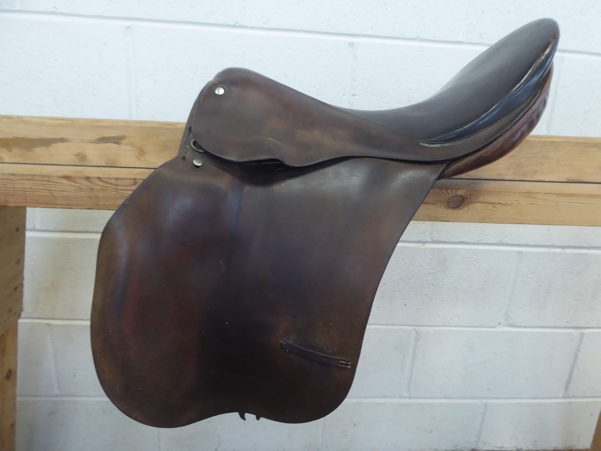 Old 18" Bliss & Co saddle, one old stitching repair to seat seam