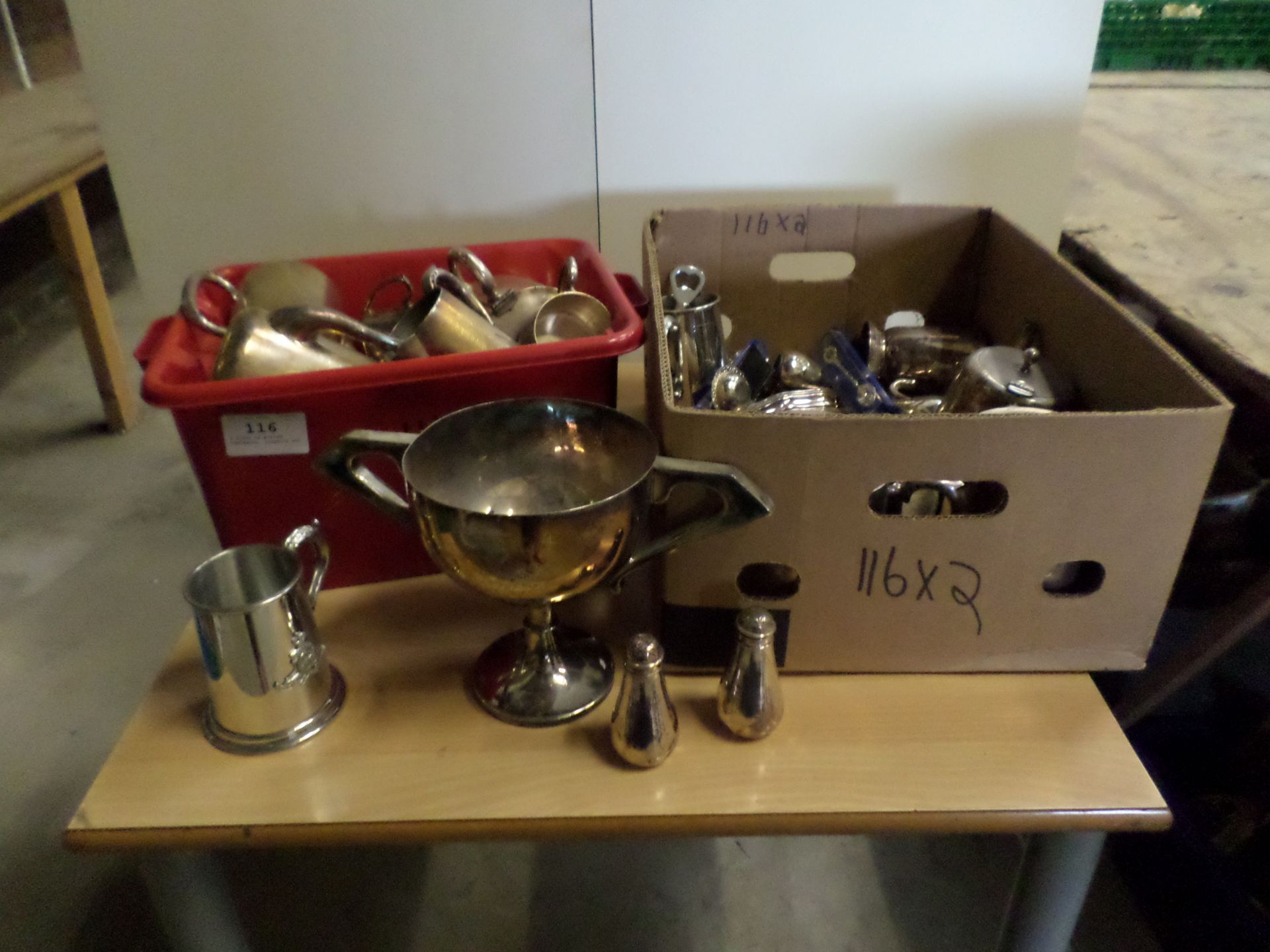 2 boxes of plated tableware, trophies etc